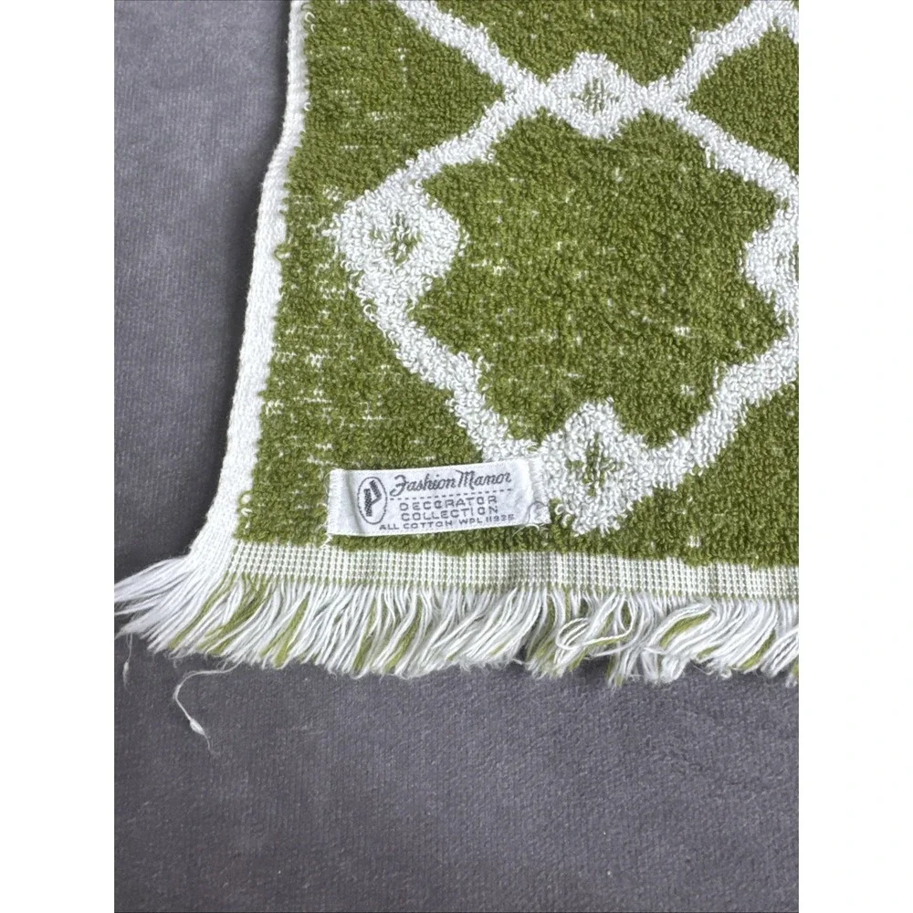 Fashion Manor  Green & White Vintage Floral Fringe‎ Towel Set Cotton Retro